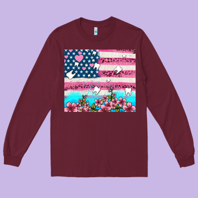 American Flag And Teeth With Flowers Long Sleeve Tee Designed By Adodesignshop