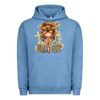 Pigment Pebble Blue Blonde Hair Believe Praying Caucasian Messy Bun Urban Hoodie - texasbilliewilder