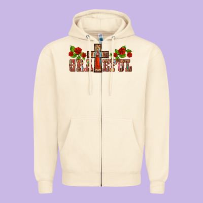 Grateful Guadalupe Cross Zipper Hoodie Designed By Barkaloodesign