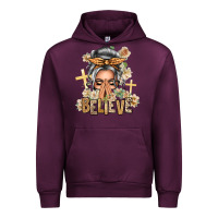 Mauve Wine Silver White Believe Praying Caucasian Messy Bun Urban Hoodie - texasbilliewilder