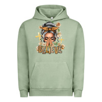 Pigment Oil Green Silver White Believe Praying Caucasian Messy Bun Urban Hoodie - texasbilliewilder