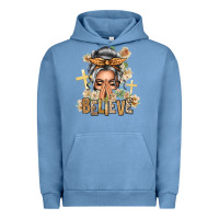 Pigment Pebble Blue Silver White Believe Praying Caucasian Messy Bun Urban Hoodie - texasbilliewilder