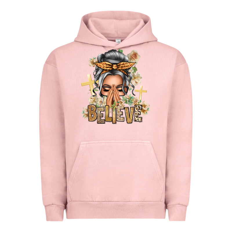 Silver White Believe Praying Caucasian Messy Bun Urban Hoodie by texasbilliewilder | Teevron