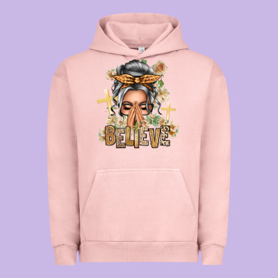 Silver White Believe Praying Caucasian Messy Bun Urban Hoodie Designed By Texasbilliewilder