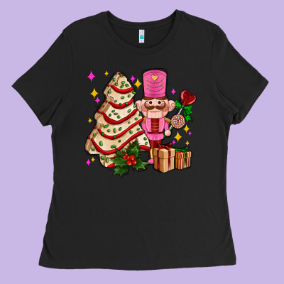 Christmas Tree Cake And Nutcracker With Gifts Ado Ladies Tee Designed By Adodesignshop