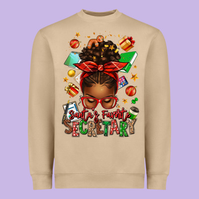 Santa's Favorite Secretary Afro Messy Bun Heavyweight Sweatshirt Designed By Texasbilliewilder