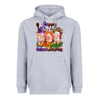 Heather Grey Happy Hallothanksmas Pigs Heavyweight Hoodie - NancyCooperArtShop