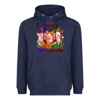 Navy Happy Hallothanksmas Pigs Heavyweight Hoodie - NancyCooperArtShop