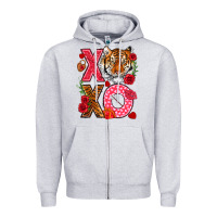 Heather Grey xoxo with tiger Zipper Hoodie - NancyCooperArtShop