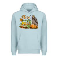 Blue Mist Here Comes Fall Owl Premium Hoodie - LillyAllenDesigns