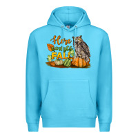 Ocean Blue Here Comes Fall Owl Premium Hoodie - LillyAllenDesigns