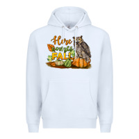 White Here Comes Fall Owl Premium Hoodie - LillyAllenDesigns