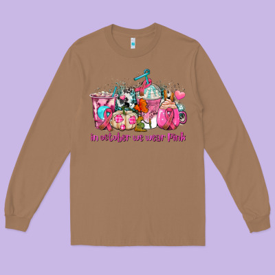 Western Cancer  In October We Wear Pink Coffee Cups With Ribbons Long Sleeve Tee Designed By Adodesignshop
