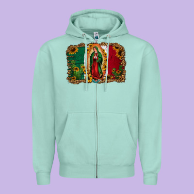 Our Lady Of Guadalupe Mexican Flag Background Zipper Hoodie Designed By Jasminsmagicworld