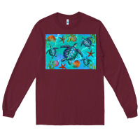 Burgundy Turtle Seashells Starfish Long Sleeve Tee - Artiststas