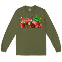 Army Green Christmas coffee cups with gift and Christmas tree Long Sleeve Tee - AdoDesignShop