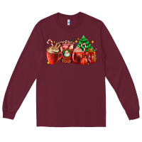 Burgundy Christmas coffee cups with gift and Christmas tree Long Sleeve Tee - AdoDesignShop