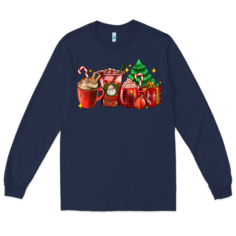 Christmas Coffee Cups With Gift And Christmas Tree Long Sleeve Tee by AdoDesignShop | Teevron