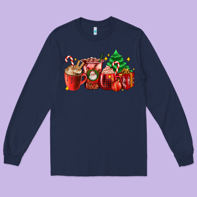Christmas Coffee Cups With Gift And Christmas Tree Long Sleeve Tee Designed By Adodesignshop