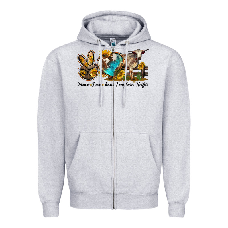 Peace Love Longhorn Heifer Zipper Hoodie by LillyAllenDesigns | Teevron