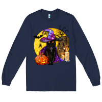 Navy black witch cat coffin and moon Long Sleeve Tee - BundleAndBundleShop