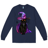 Navy black witch cat Long Sleeve Tee - BundleAndBundleShop