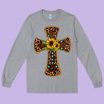 Leopard Gemstone Sunflower Cross Long Sleeve Tee Designed By Jahusdesignshop