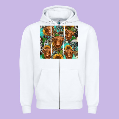 Long Haired Shaggy Cow Western Zipper Hoodie Designed By Jasminsmagicworld