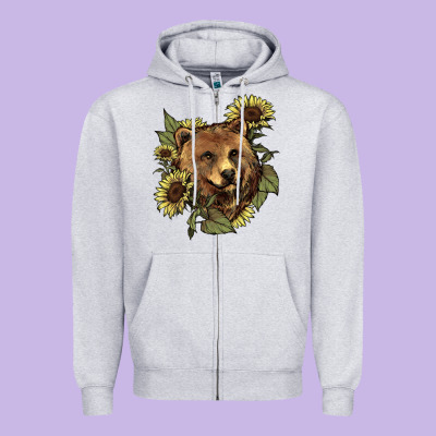Bear Head Sunflowers Zipper Hoodie Designed By Nancycooperartshop