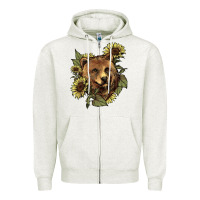 Oatmeal Heather bear head sunflowers Zipper Hoodie - NancyCooperArtShop