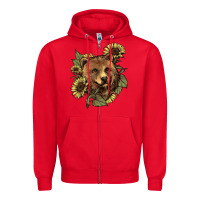Red bear head sunflowers Zipper Hoodie - NancyCooperArtShop