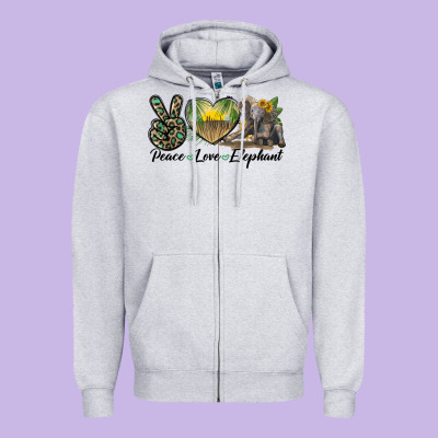 Peace Love Elephant Zipper Hoodie Designed By Lillyallendesigns