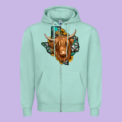 Texas Map Long Haired Shaggy Cow Zipper Hoodie Designed By Jasminsmagicworld
