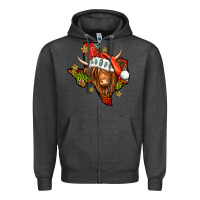 Charcoal Heather Shaggy cow Texas Christmas Zipper Hoodie - Jasminsmagicworld