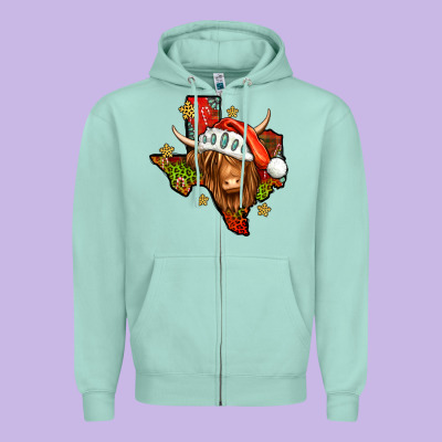 Shaggy Cow Texas Christmas Zipper Hoodie Designed By Jasminsmagicworld