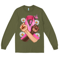 Army Green Breast Cancer Fist Daisy Butterfly Long Sleeve Tee - Artiststas
