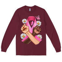 Burgundy Breast Cancer Fist Daisy Butterfly Long Sleeve Tee - Artiststas