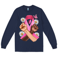 Navy Breast Cancer Fist Daisy Butterfly Long Sleeve Tee - Artiststas
