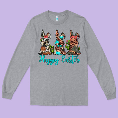 Happy Easter Leopard Cowhide Turquoise Cactus Bunny's Long Sleeve Tee Designed By Jahusdesignshop