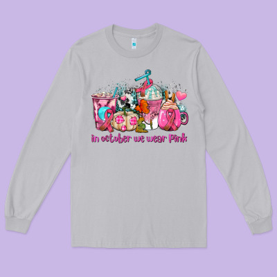 Western Cancer  In October We Wear Pink Coffee Cups With Ribbons Long Sleeve Tee Designed By Adodesignshop