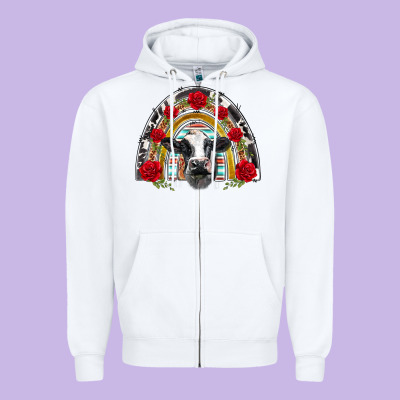 Black And White Baby Cow Floral Rose Rainbow Zipper Hoodie Designed By Barkaloodesign