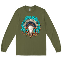 Army Green bull skull indian headdress Long Sleeve Tee - JahusDesignShop