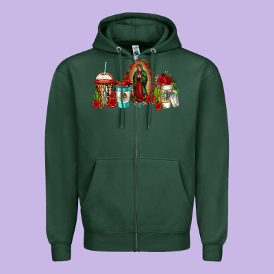 Lady Of Guadalupe Coffee Zipper Hoodie Designed By Jasminsmagicworld