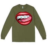 Army Green Lips Dental Braces Long Sleeve Tee - Artiststas