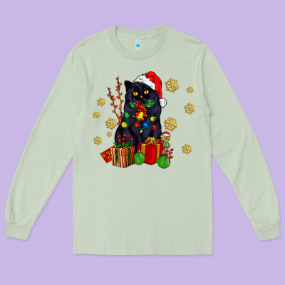 Black Cat Meowy Christmas Long Sleeve Tee Designed By Adodesignshop