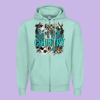 Born  Raised Country Zipper Hoodie Designed By Nancycooperartshop