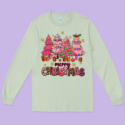 Pink Christmas Trees Long Sleeve Tee Designed By Adodesignshop