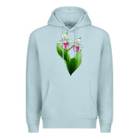 Blue Mist Pink And White Lady's Slipper Flower Premium Hoodie - LillyAllenDesigns