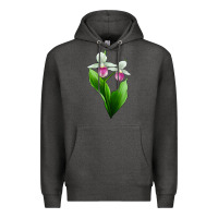 Charcoal Heather Pink And White Lady's Slipper Flower Premium Hoodie - LillyAllenDesigns