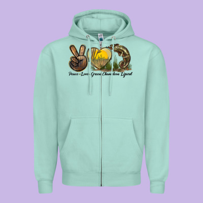 Peace Love Green Chameleon Lizard Zipper Hoodie Designed By Lillyallendesigns